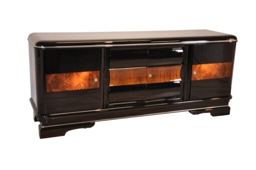 Art Deco, sideboard, buffet, credenza, storage, cabinet, black, highgloss, walnut, large, space, design, rounded corners, serving extensions