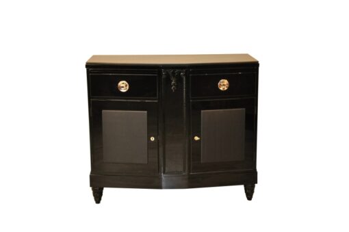 Art Deco, Commode, Black, Design, Leather, Details, Cabinet, Furniture, High gloss, Ornamentation, pointing feet, oak, veneer, chrome, handles