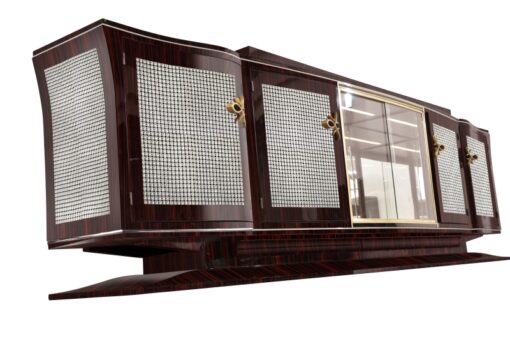 Art Deco, Sideboard, Buffet, large, design, macassar, diamonds, stones, veneer, glass, vitrine, shape, curved doors, living room