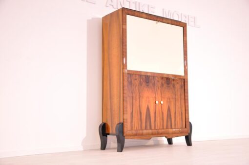 Art Deco, secretary, bureau, cabinet, walnut wood, design, high gloss black feet, lacobel glass, small drawers, light inside, furniture