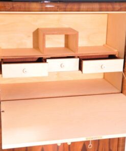 Art Deco, secretary, bureau, cabinet, walnut wood, design, high gloss black feet, lacobel glass, small drawers, light inside, furniture