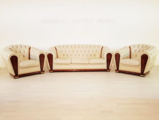 3-piece sitting room suite, sofa, armchairs, burl wood, walnut, design, old white, living room, leather, brass, furniture