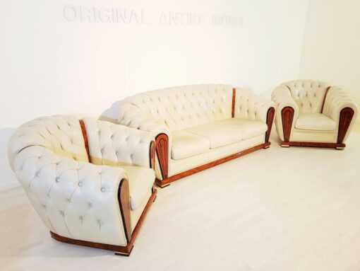 3-piece sitting room suite, sofa, armchairs, burl wood, walnut, design, old white, living room, leather, brass, furniture