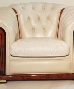 3-piece sitting room suite, sofa, armchairs, burl wood, walnut, design, old white, living room, leather, brass, furniture