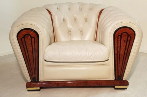 3-piece sitting room suite, sofa, armchairs, burl wood, walnut, design, old white, living room, leather, brass, furniture