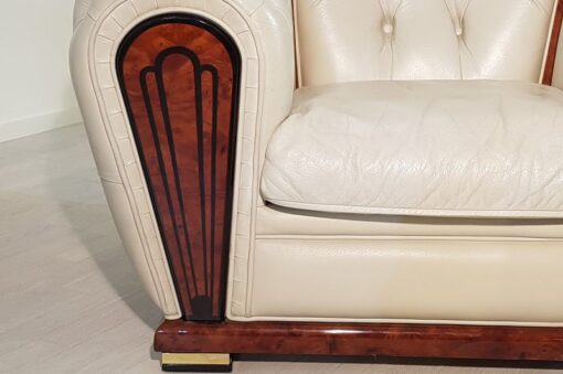 3-piece sitting room suite, sofa, armchairs, burl wood, walnut, design, old white, living room, leather, brass, furniture