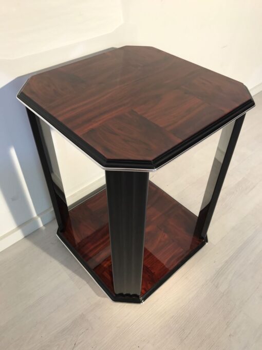 Black, high gloss, side table, art deco, great foot, living room, chrome handles, lacquer, luxury, veneer, chrome lines, piano lacquer, mahogany