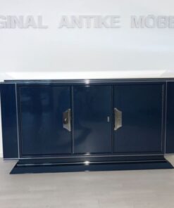 Saphire blue, high gloss, sideboard, art deco, great foot, living room, chrome handles, lacquer, luxury, veneer, chrome lines, piano lacquer