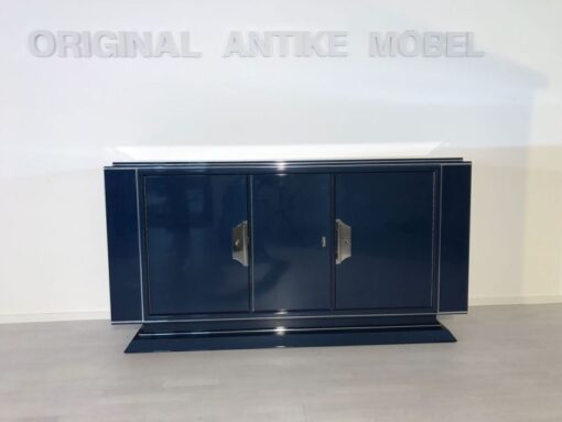 Saphire blue, high gloss, sideboard, art deco, great foot, living room, chrome handles, lacquer, luxury, veneer, chrome lines, piano lacquer