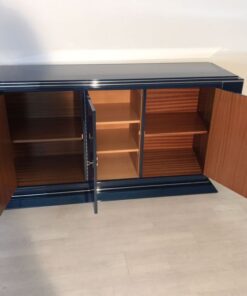 Saphire blue, high gloss, sideboard, art deco, great foot, living room, chrome handles, lacquer, luxury, veneer, chrome lines, piano lacquer