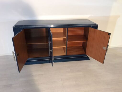 Saphire blue, high gloss, sideboard, art deco, great foot, living room, chrome handles, lacquer, luxury, veneer, chrome lines, piano lacquer