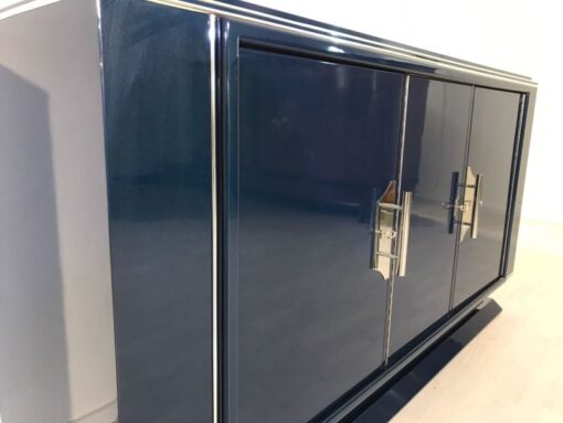 Saphire blue, high gloss, sideboard, art deco, great foot, living room, chrome handles, lacquer, luxury, veneer, chrome lines, piano lacquer