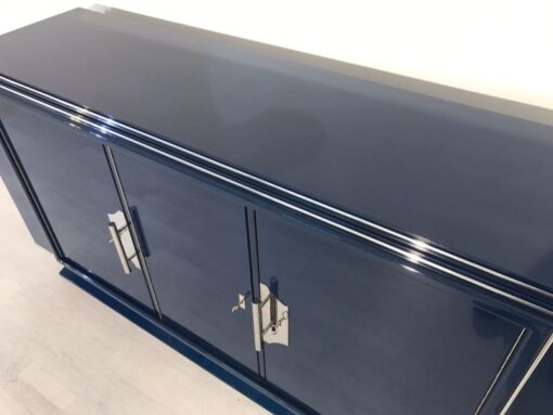 Saphire blue, high gloss, sideboard, art deco, great foot, living room, chrome handles, lacquer, luxury, veneer, chrome lines, piano lacquer