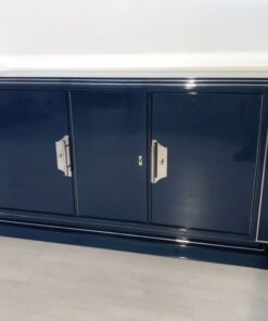 Saphire blue, high gloss, sideboard, art deco, great foot, living room, chrome handles, lacquer, luxury, veneer, chrome lines, piano lacquer