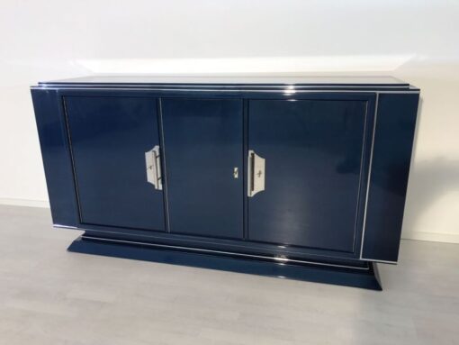 Saphire blue, high gloss, sideboard, art deco, great foot, living room, chrome handles, lacquer, luxury, veneer, chrome lines, piano lacquer