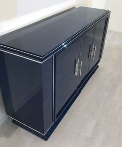 Saphire blue, high gloss, sideboard, art deco, great foot, living room, chrome handles, lacquer, luxury, veneer, chrome lines, piano lacquer