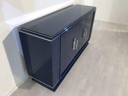 Saphire blue, high gloss, sideboard, art deco, great foot, living room, chrome handles, lacquer, luxury, veneer, chrome lines, piano lacquer