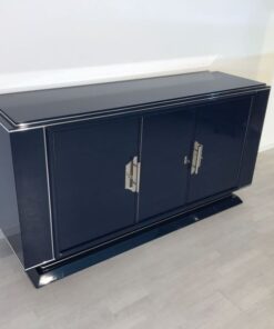 Saphire blue, high gloss, sideboard, art deco, great foot, living room, chrome handles, lacquer, luxury, veneer, chrome lines, piano lacquer