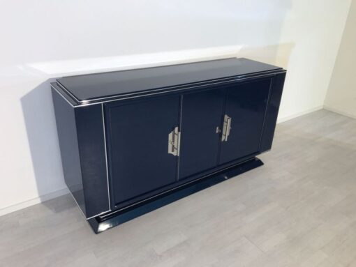 Saphire blue, high gloss, sideboard, art deco, great foot, living room, chrome handles, lacquer, luxury, veneer, chrome lines, piano lacquer