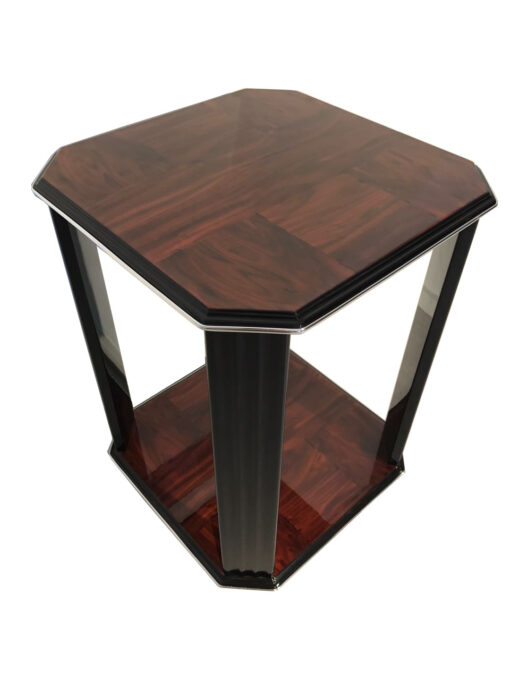 Black, high gloss, side table, art deco, great foot, living room, chrome handles, lacquer, luxury, veneer, chrome lines, piano lacquer, mahogany