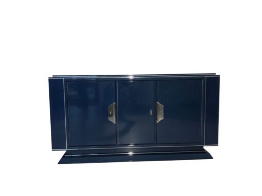 Saphire blue, high gloss, sideboard, art deco, great foot, living room, chrome handles, lacquer, luxury, veneer, chrome lines, piano lacquer