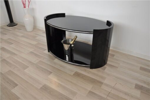 black, high gloss, couch, art deco, great foot, living room, table, lacquer, luxury, veneer, chrome lines,