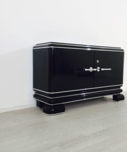 black, high gloss, commode, art deco, great foot, living room, chrome handles, lacquer, luxury, veneer, chrome lines, piano lacquer