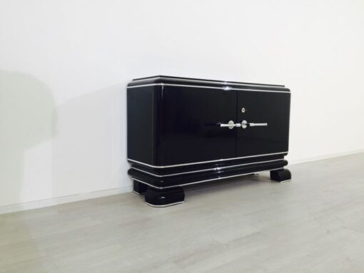 black, high gloss, commode, art deco, great foot, living room, chrome handles, lacquer, luxury, veneer, chrome lines, piano lacquer