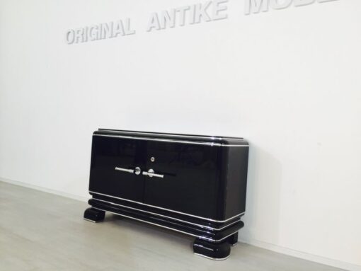 black, high gloss, commode, art deco, great foot, living room, chrome handles, lacquer, luxury, veneer, chrome lines, piano lacquer