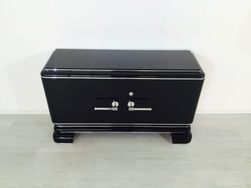 black, high gloss, commode, art deco, great foot, living room, chrome handles, lacquer, luxury, veneer, chrome lines, piano lacquer