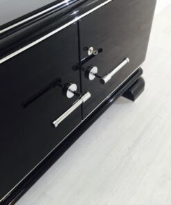 black, high gloss, commode, art deco, great foot, living room, chrome handles, lacquer, luxury, veneer, chrome lines, piano lacquer