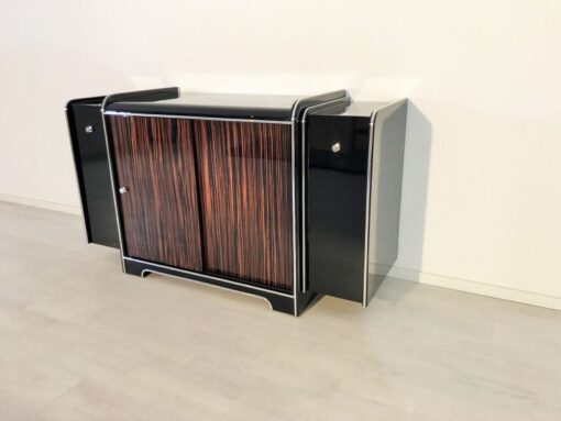 black, high gloss, bar cabinet, art deco, great foot, living room, chrome handles, lacquer, luxury, veneer, chrome lines, piano lacquer