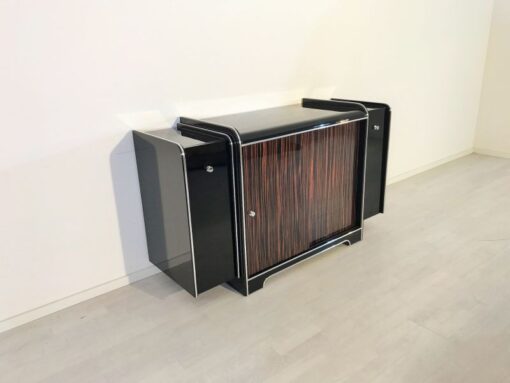 black, high gloss, bar cabinet, art deco, great foot, living room, chrome handles, lacquer, luxury, veneer, chrome lines, piano lacquer