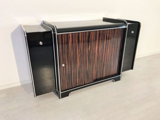 black, high gloss, bar cabinet, art deco, great foot, living room, chrome handles, lacquer, luxury, veneer, chrome lines, piano lacquer