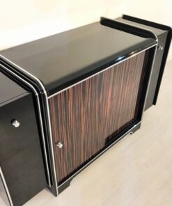 black, high gloss, bar cabinet, art deco, great foot, living room, chrome handles, lacquer, luxury, veneer, chrome lines, piano lacquer