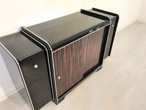 black, high gloss, bar cabinet, art deco, great foot, living room, chrome handles, lacquer, luxury, veneer, chrome lines, piano lacquer