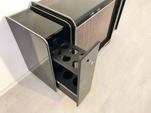 black, high gloss, bar cabinet, art deco, great foot, living room, chrome handles, lacquer, luxury, veneer, chrome lines, piano lacquer