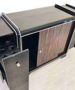 black, high gloss, bar cabinet, art deco, great foot, living room, chrome handles, lacquer, luxury, veneer, chrome lines, piano lacquer