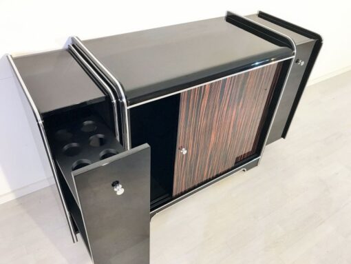 black, high gloss, bar cabinet, art deco, great foot, living room, chrome handles, lacquer, luxury, veneer, chrome lines, piano lacquer