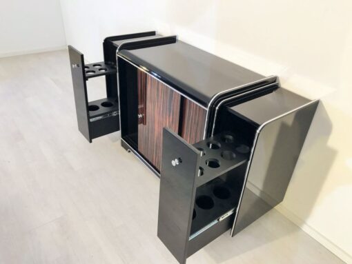 black, high gloss, bar cabinet, art deco, great foot, living room, chrome handles, lacquer, luxury, veneer, chrome lines, piano lacquer