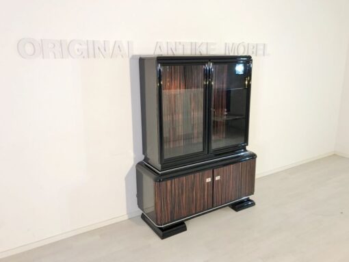 black, high-gloss, vitrine, art deco, great foot, living room, chrome handles, lacquer, luxury, veneer, chrome lines, piano lacquer