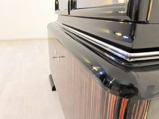 black, high-gloss, vitrine, art deco, great foot, living room, chrome handles, lacquer, luxury, veneer, chrome lines, piano lacquer