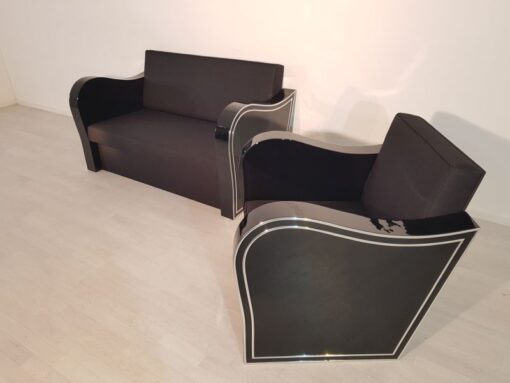 black, high-gloss, armchair, art deco, sofa, chromliner, living room, chrome handles, lacquer, luxury, veneer, chrome lines, piano lacquer