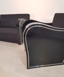 black, high-gloss, armchair, art deco, sofa, chromliner, living room, chrome handles, lacquer, luxury, veneer, chrome lines, piano lacquer