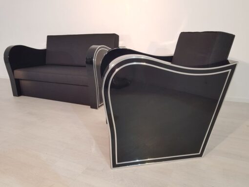 black, high-gloss, armchair, art deco, sofa, chromliner, living room, chrome handles, lacquer, luxury, veneer, chrome lines, piano lacquer