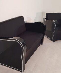 black, high-gloss, armchair, art deco, sofa, chromliner, living room, chrome handles, lacquer, luxury, veneer, chrome lines, piano lacquer