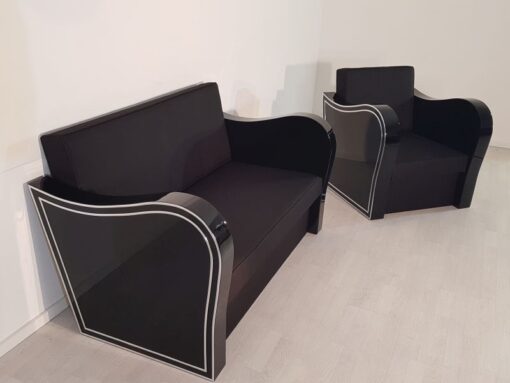 black, high-gloss, armchair, art deco, sofa, chromliner, living room, chrome handles, lacquer, luxury, veneer, chrome lines, piano lacquer