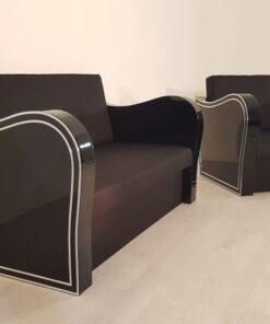 black, high-gloss, armchair, art deco, sofa, chromliner, living room, chrome handles, lacquer, luxury, veneer, chrome lines, piano lacquer