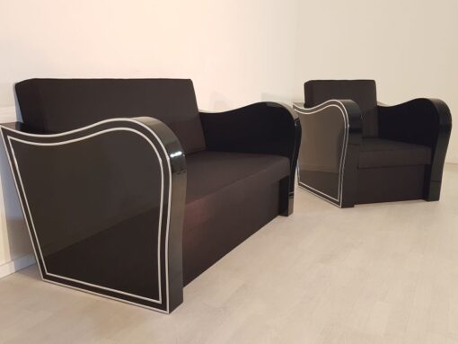 black, high-gloss, armchair, art deco, sofa, chromliner, living room, chrome handles, lacquer, luxury, veneer, chrome lines, piano lacquer