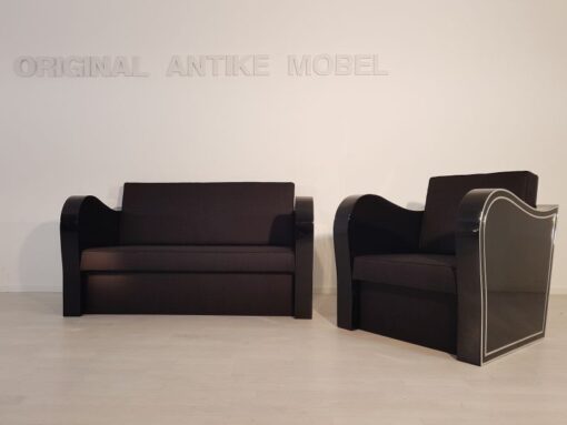 black, high-gloss, armchair, art deco, sofa, chromliner, living room, chrome handles, lacquer, luxury, veneer, chrome lines, piano lacquer